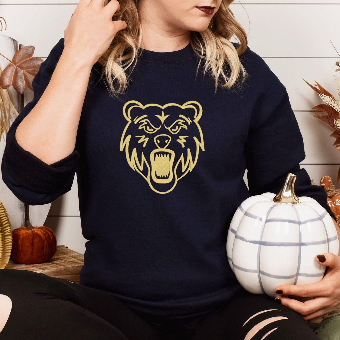 Embroidered Bear Mascot Crewneck Sweatshirt | Unisex School Spirit Team Apparel | Custom Sports Game Day Outfit | Gift for Fans