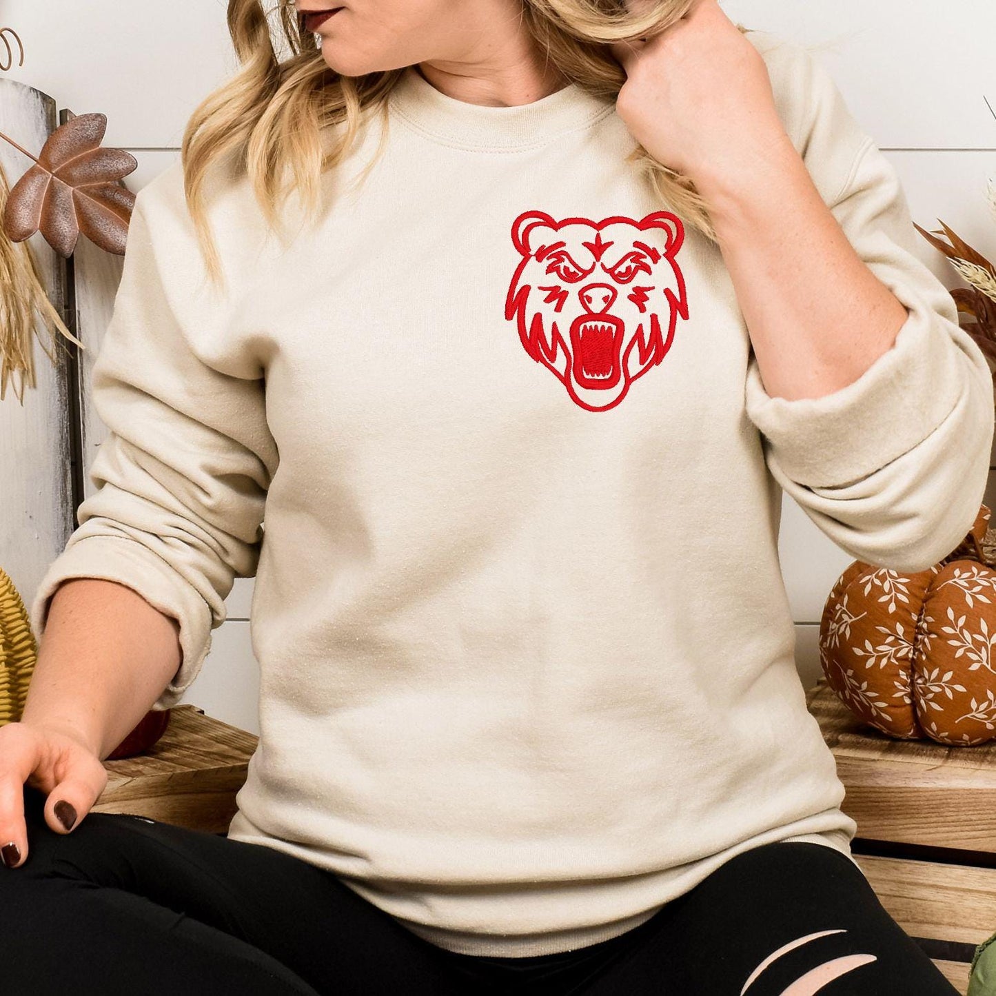 Embroidered left chest Bear Mascot Crewneck Sweatshirt | Unisex School Spirit Team Apparel | Custom Sports Game Day Outfit | Gift for Fans