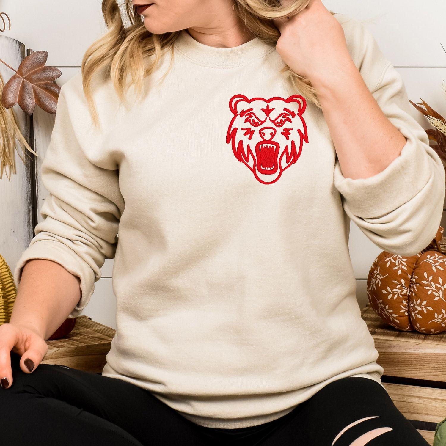 Embroidered left chest Bear Mascot Crewneck Sweatshirt | Unisex School Spirit Team Apparel | Custom Sports Game Day Outfit | Gift for Fans