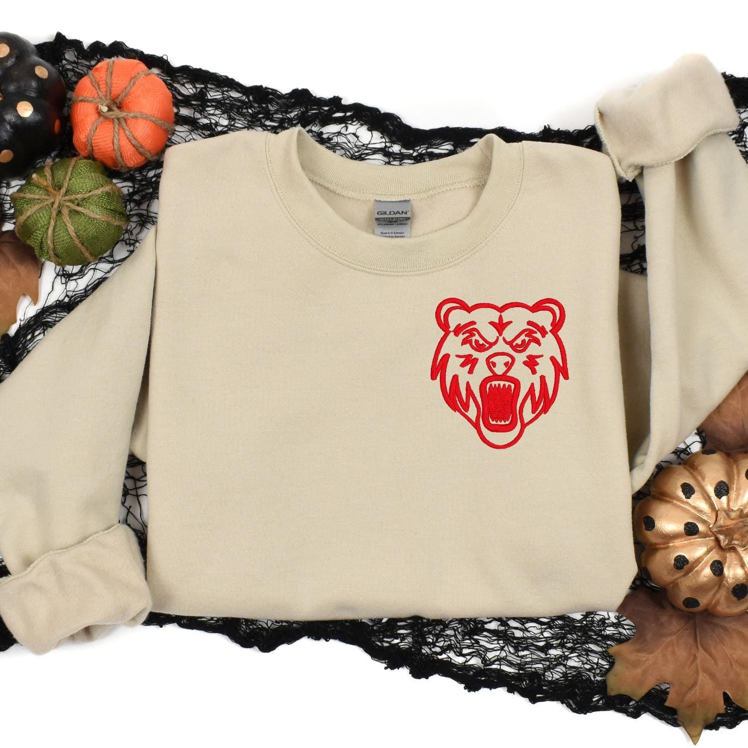 Embroidered left chest Bear Mascot Crewneck Sweatshirt | Unisex School Spirit Team Apparel | Custom Sports Game Day Outfit | Gift for Fans