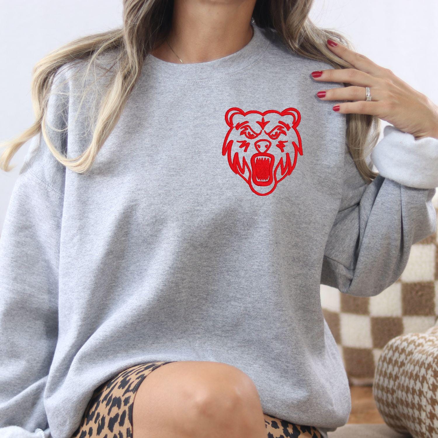 Embroidered left chest Bear Mascot Crewneck Sweatshirt | Unisex School Spirit Team Apparel | Custom Sports Game Day Outfit | Gift for Fans