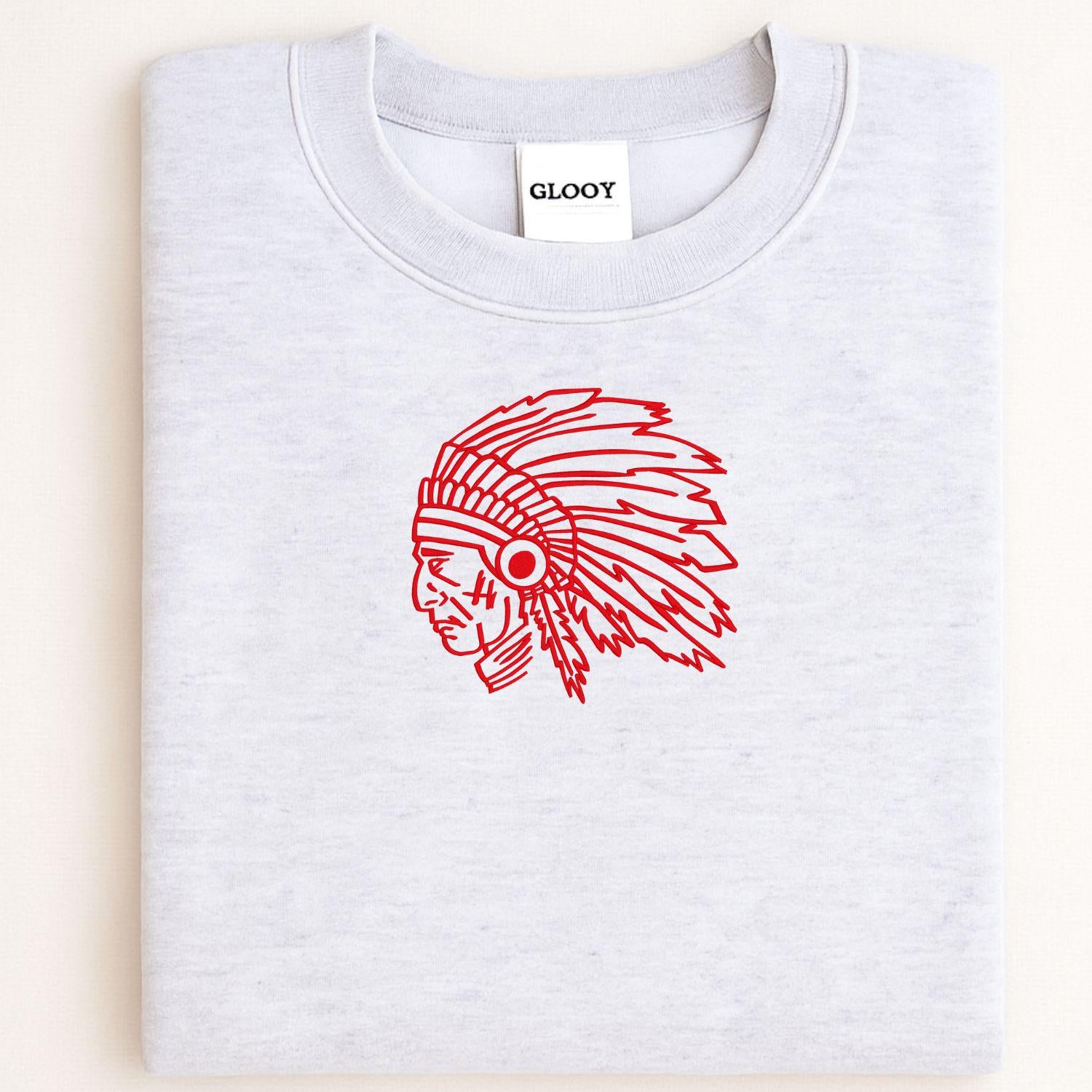 Custom Indians Mascot Crewneck Sweatshirt | Embroidered Native Headdress Design | School Spirit Apparel | Game Day Fan Gift Unisex