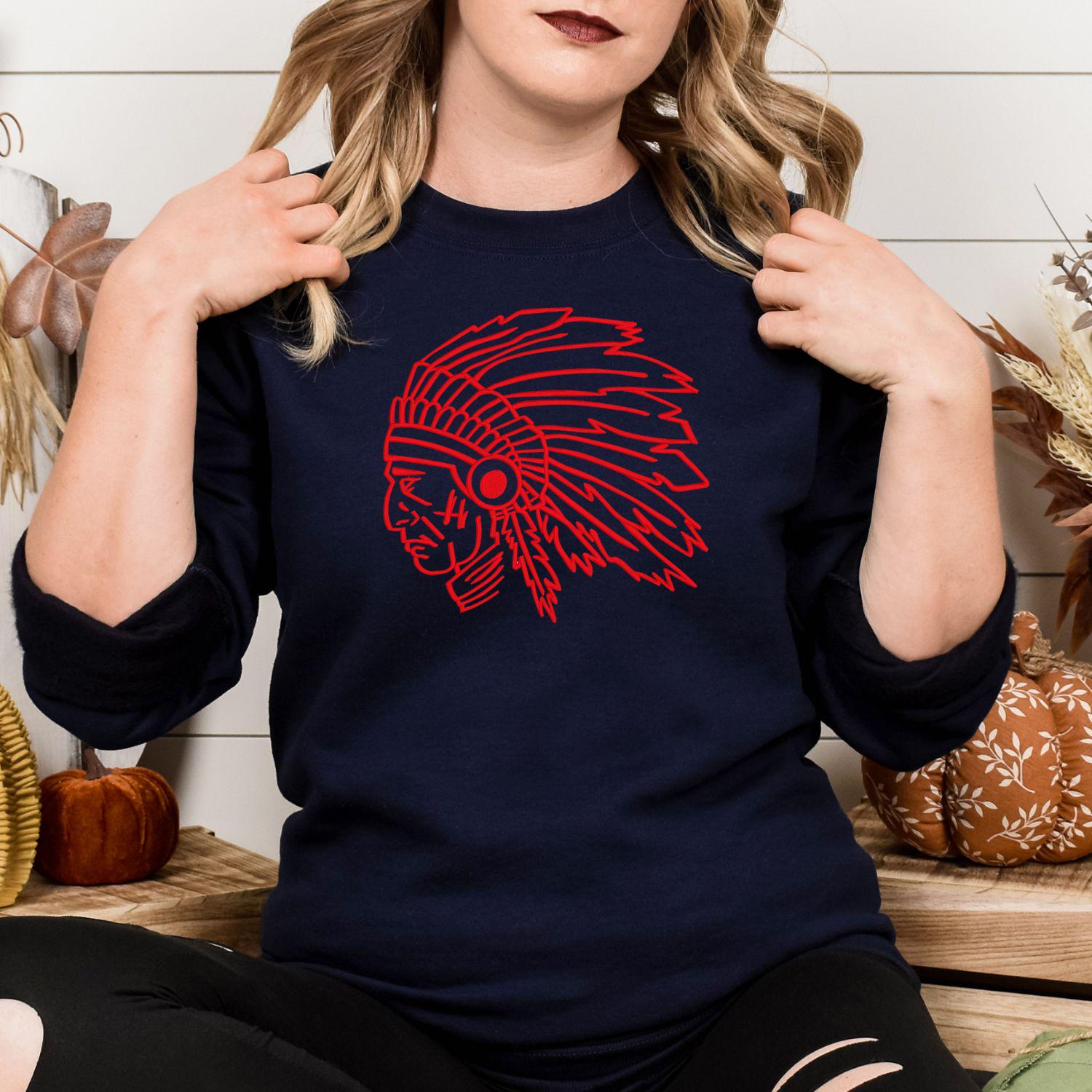 Custom Indians Mascot Crewneck Sweatshirt | Embroidered Native Headdress Design | School Spirit Apparel | Game Day Fan Gift Unisex