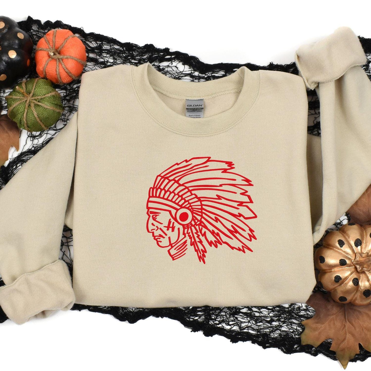 Custom Indians Mascot Crewneck Sweatshirt | Embroidered Native Headdress Design | School Spirit Apparel | Game Day Fan Gift Unisex