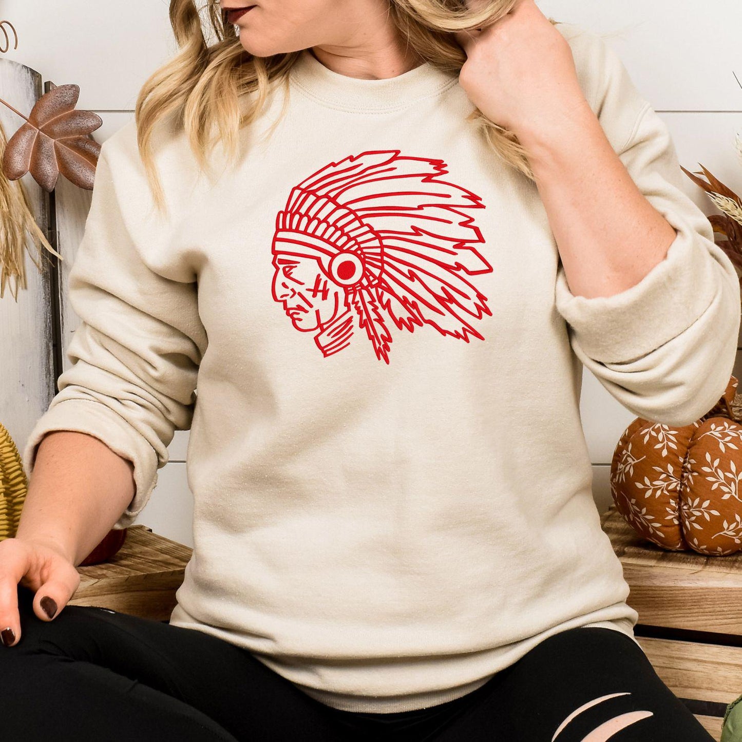 Custom Indians Mascot Crewneck Sweatshirt | Embroidered Native Headdress Design | School Spirit Apparel | Game Day Fan Gift Unisex