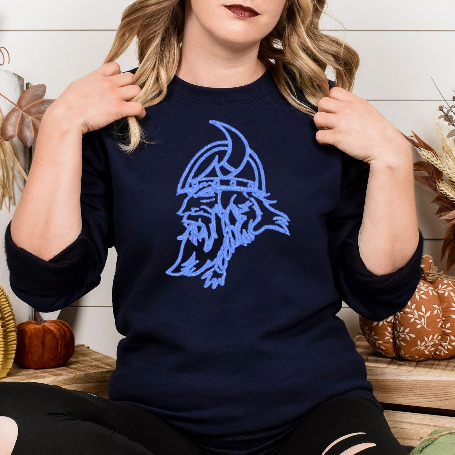 Embroidered Vintage Viking Mascot Crewneck Sweatshirt | Unisex School Spirit Team Apparel | Custom Sports Game Day Outfit | Gift for Fans