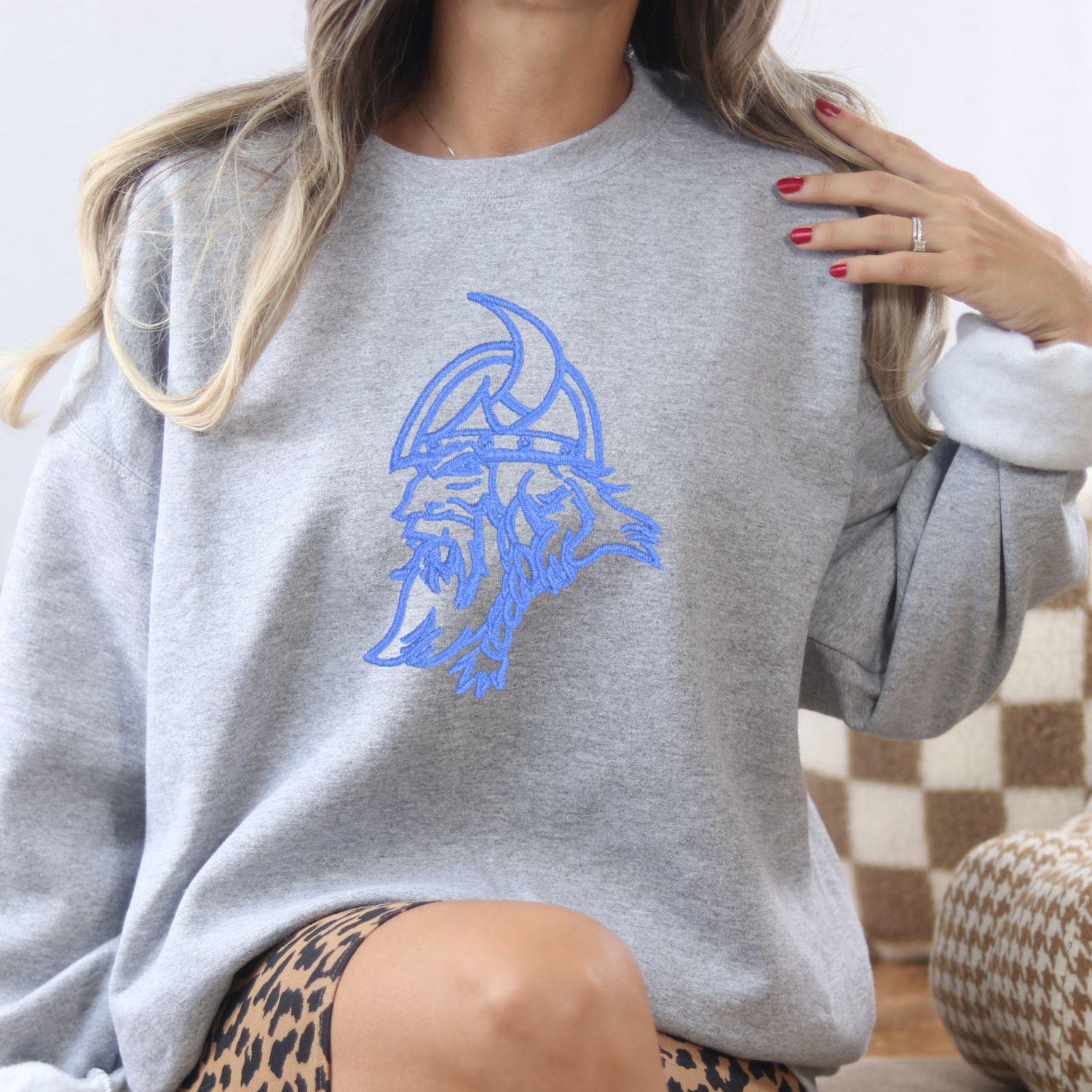 Embroidered Vintage Viking Mascot Crewneck Sweatshirt | Unisex School Spirit Team Apparel | Custom Sports Game Day Outfit | Gift for Fans