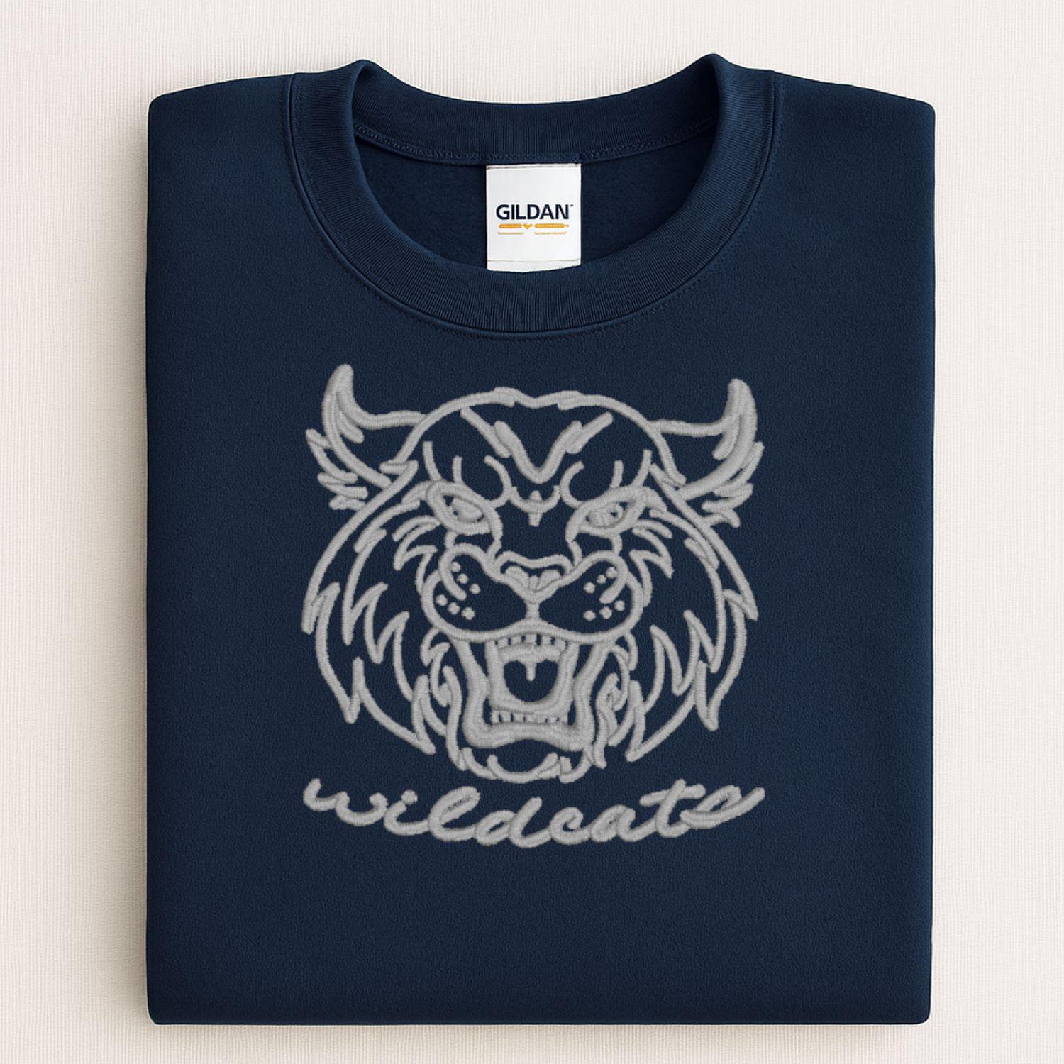 Embroidered Vintage Wildcat Mascot Crewneck Sweatshirt | Unisex School Spirit Team Apparel | Custom Sports Game Day Outfit | Gift for Fans