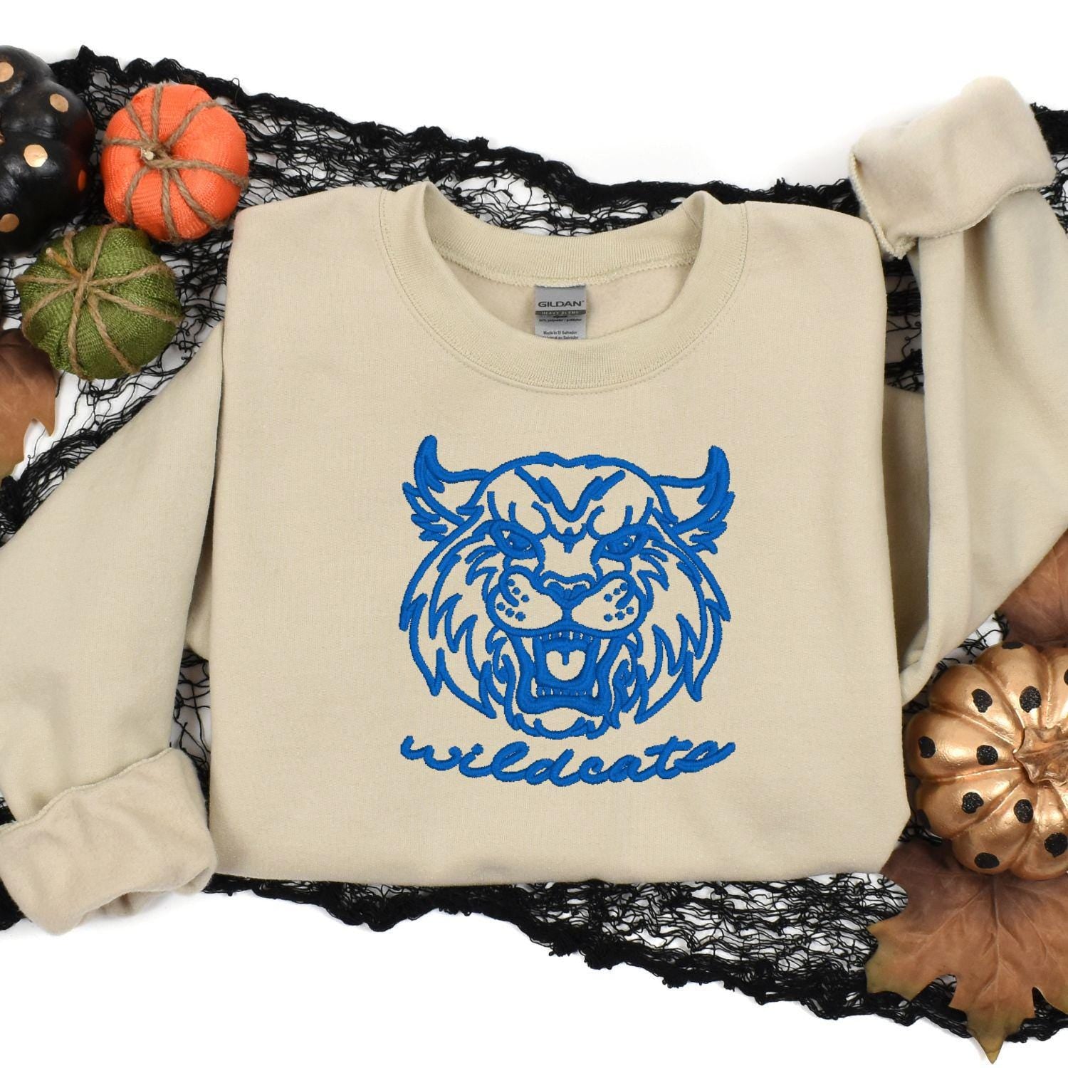 Embroidered Vintage Wildcat Mascot Crewneck Sweatshirt | Unisex School Spirit Team Apparel | Custom Sports Game Day Outfit | Gift for Fans