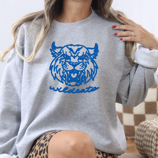 Embroidered Vintage Wildcat Mascot Crewneck Sweatshirt | Unisex School Spirit Team Apparel | Custom Sports Game Day Outfit | Gift for Fans