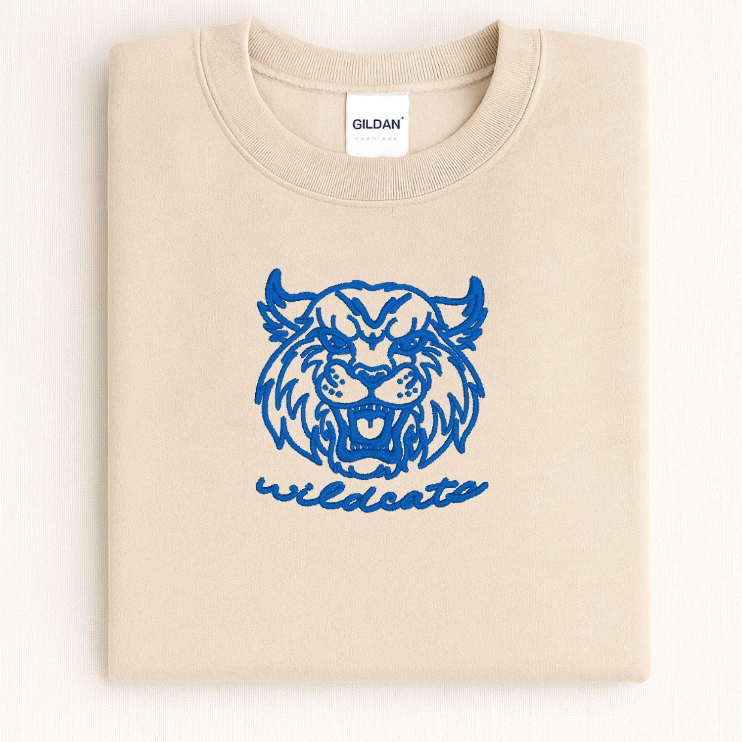 Embroidered Vintage Wildcat Mascot Crewneck Sweatshirt | Unisex School Spirit Team Apparel | Custom Sports Game Day Outfit | Gift for Fans