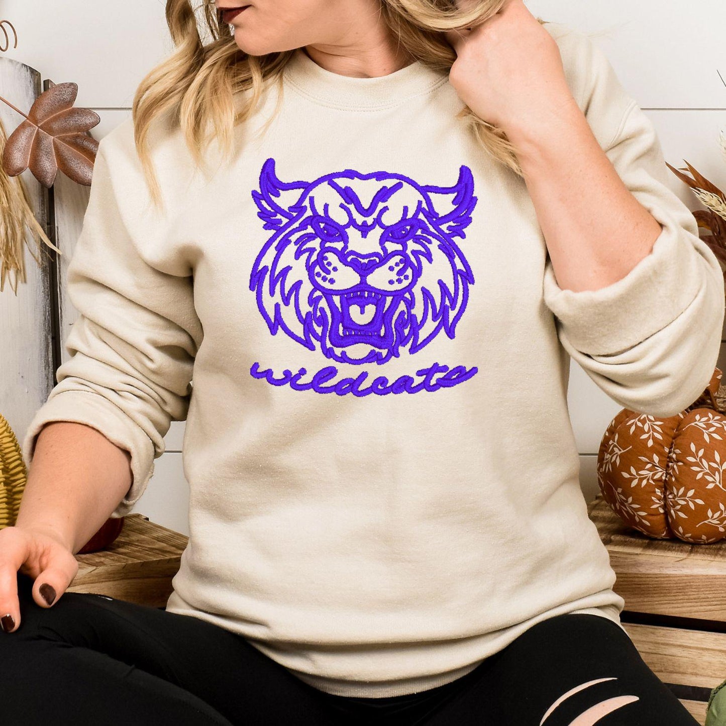 Embroidered Vintage Wildcat Mascot Crewneck Sweatshirt | Unisex School Spirit Team Apparel | Custom Sports Game Day Outfit | Gift for Fans