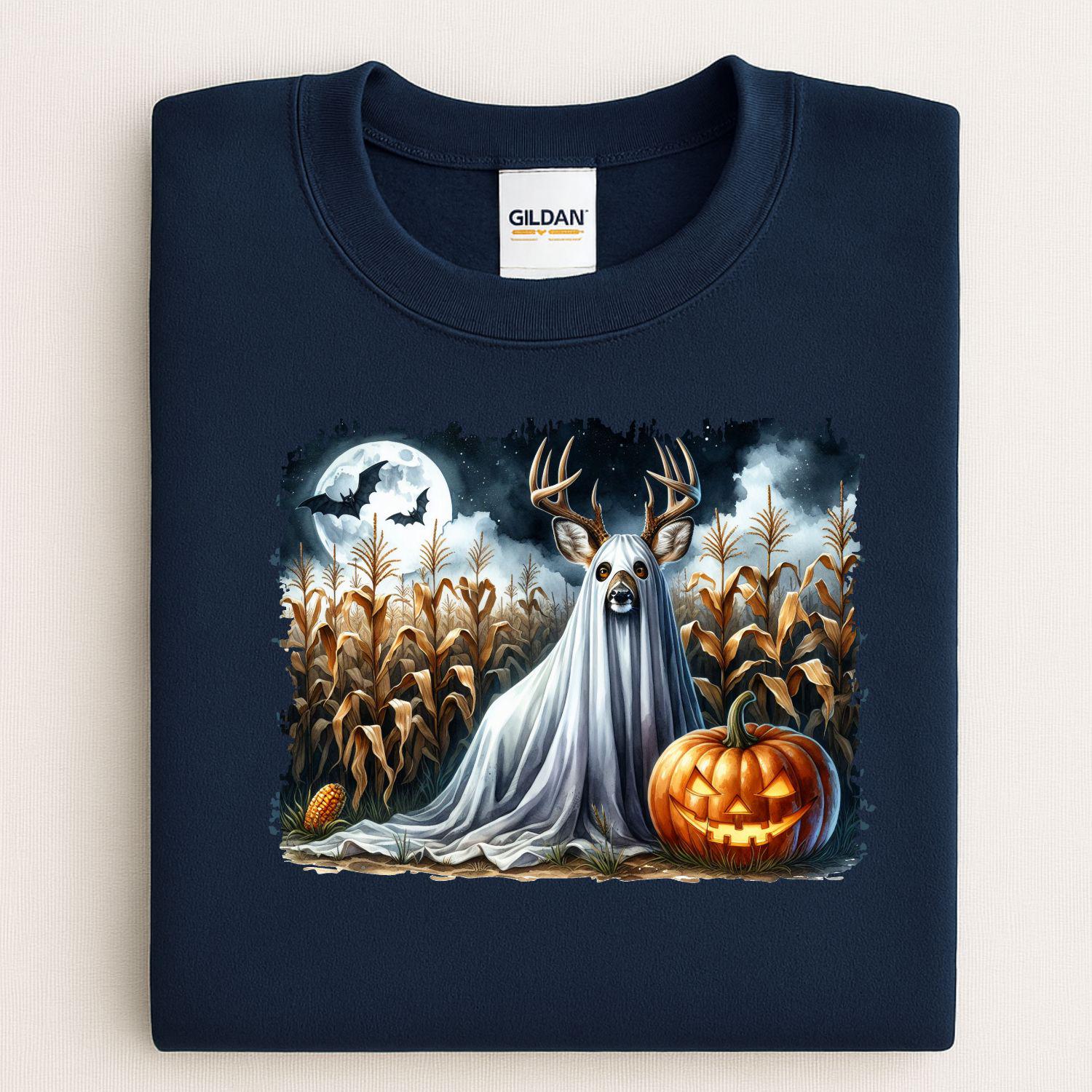 Ghost Deer Halloween Shirt Spooky Fall Pumpkin Moon Cornfield Scene DTG Print Sweatshirt Hunting Lover Autumn Graphic Tee