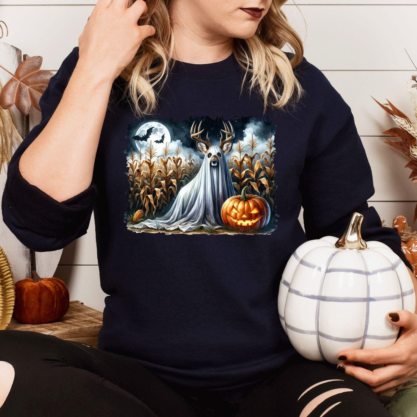Ghost Deer Halloween Shirt Spooky Fall Pumpkin Moon Cornfield Scene DTG Print Sweatshirt Hunting Lover Autumn Graphic Tee