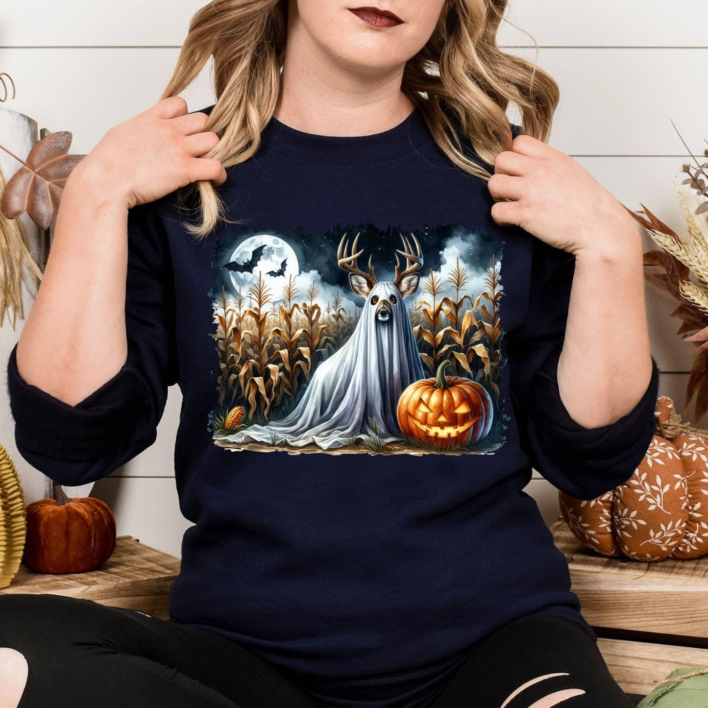 Ghost Deer Halloween Shirt Spooky Fall Pumpkin Moon Cornfield Scene DTG Print Sweatshirt Hunting Lover Autumn Graphic Tee