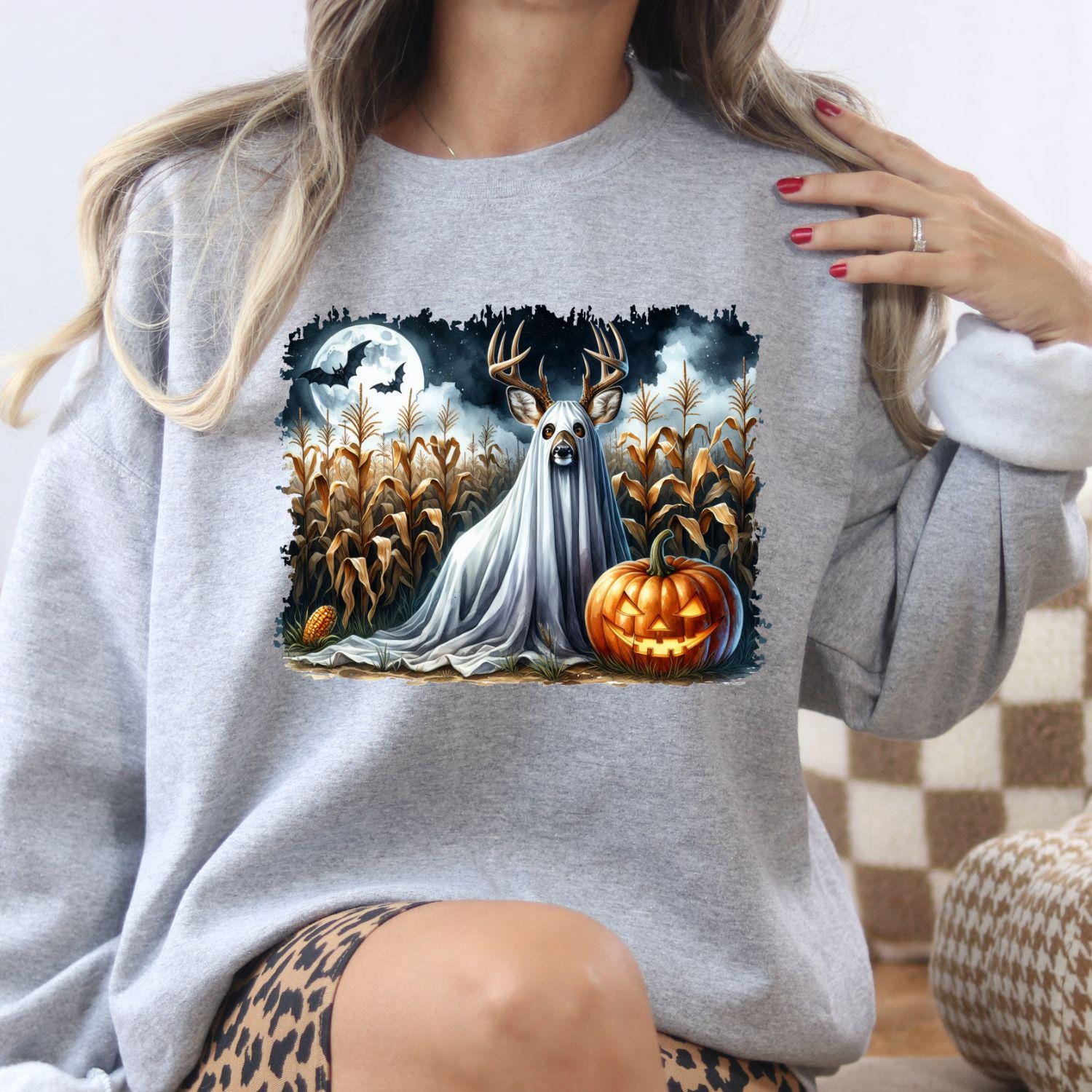Ghost Deer Halloween Shirt Spooky Fall Pumpkin Moon Cornfield Scene DTG Print Sweatshirt Hunting Lover Autumn Graphic Tee