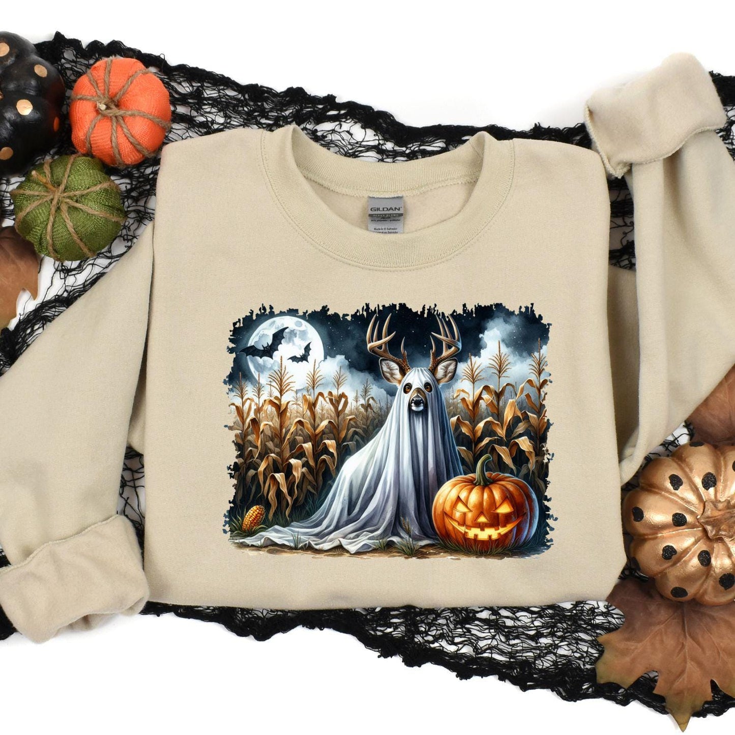 Ghost Deer Halloween Shirt Spooky Fall Pumpkin Moon Cornfield Scene DTG Print Sweatshirt Hunting Lover Autumn Graphic Tee