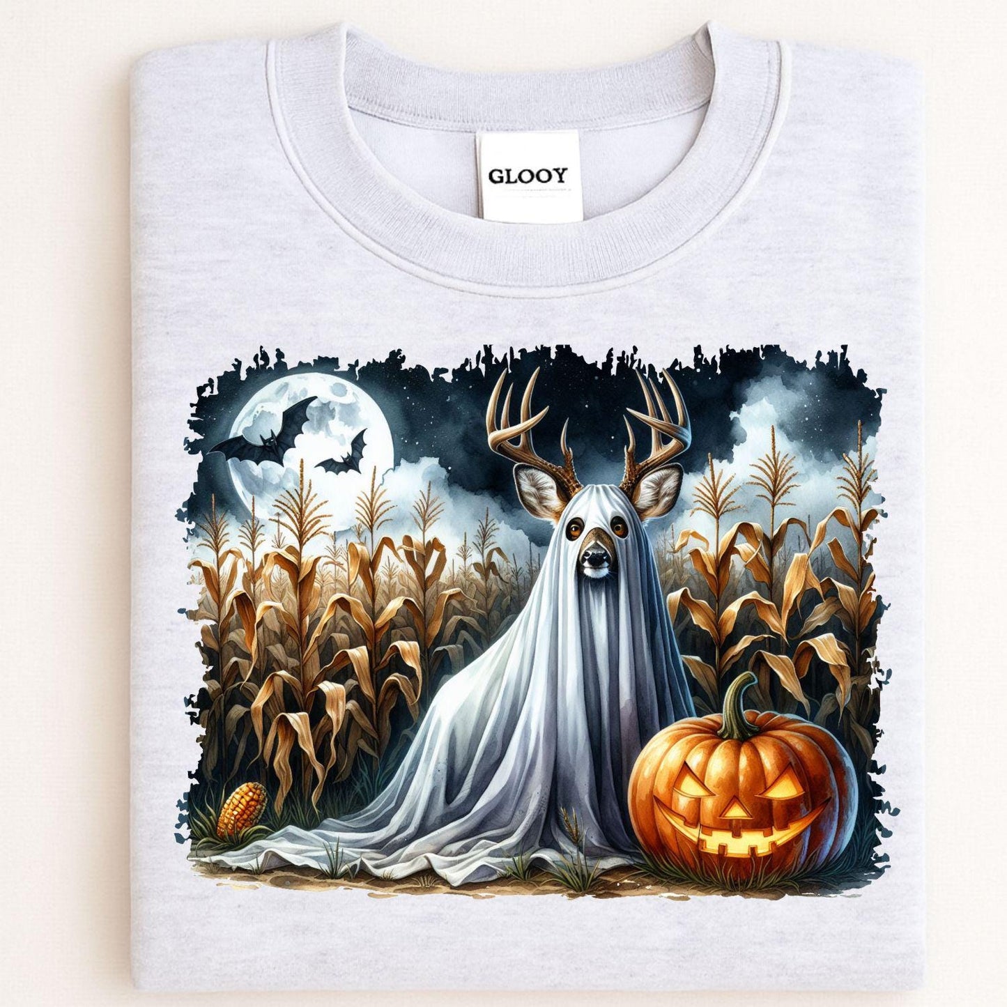 Ghost Deer Halloween Shirt Spooky Fall Pumpkin Moon Cornfield Scene DTG Print Sweatshirt Hunting Lover Autumn Graphic Tee
