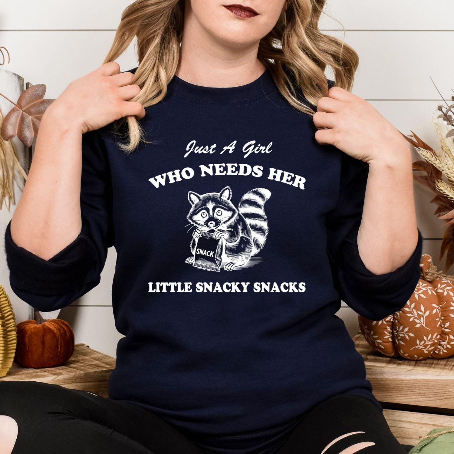 Just A Girl Funny Raccoon Snack Shirt | Cute Snack Lover DTG Tee | Graphic Foodie Shirt | Cozy Fall Humor Top | Gift For Snack Lovers