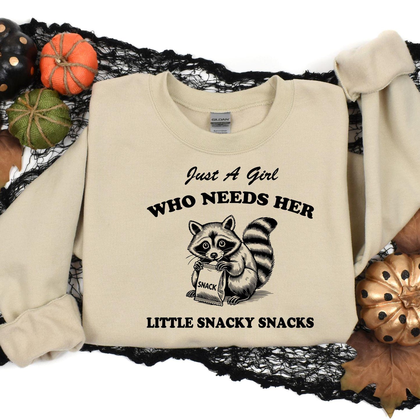 Just A Girl Funny Raccoon Snack Shirt | Cute Snack Lover DTG Tee | Graphic Foodie Shirt | Cozy Fall Humor Top | Gift For Snack Lovers