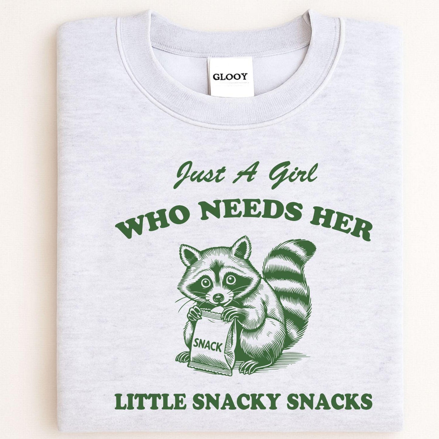 Just A Girl Funny Raccoon Snack Shirt | Cute Snack Lover DTG Tee | Graphic Foodie Shirt | Cozy Fall Humor Top | Gift For Snack Lovers