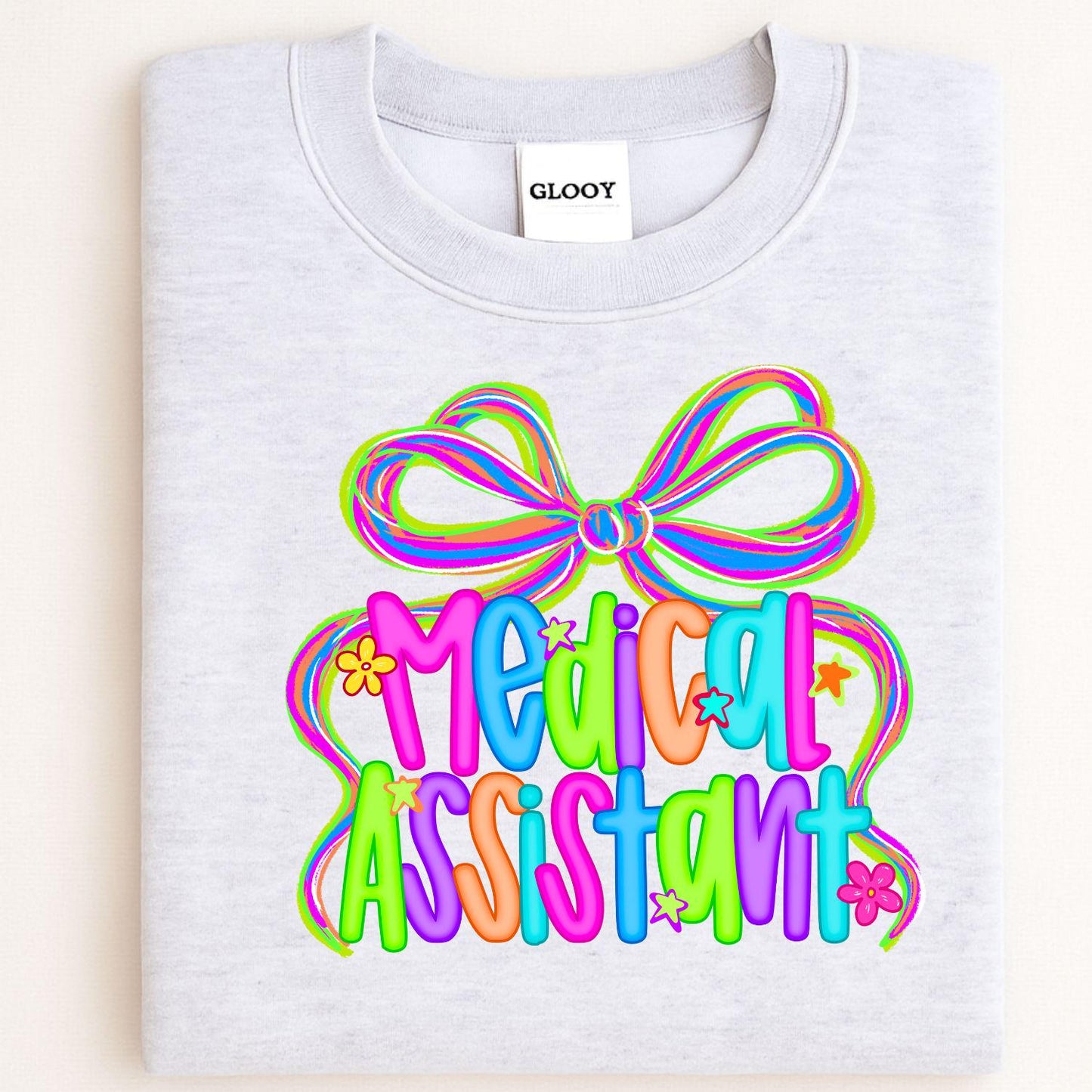Colorful Medical Assistant Shirt | Neon Bow Graphic Tee | Healthcare Worker Appreciation Gift | Cute Nurse Scrub Uniform Top