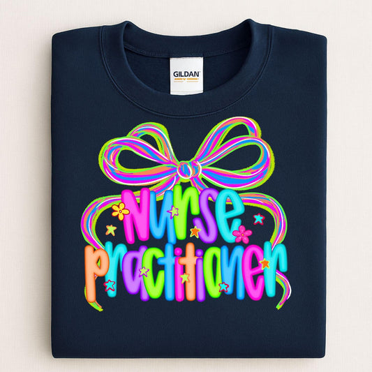 Colorful Nurse Practitioner Shirt | Neon Bow Graphic Tee | Medical Staff Appreciation Gift | Healthcare Worker DTG T-Shirt Unisex