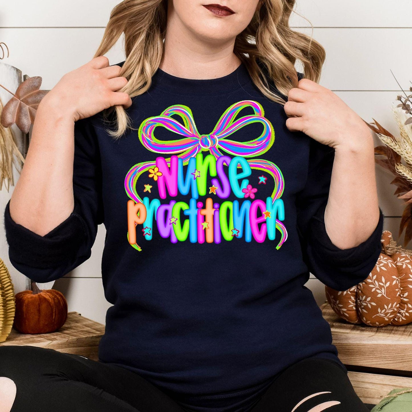 Colorful Nurse Practitioner Shirt | Neon Bow Graphic Tee | Medical Staff Appreciation Gift | Healthcare Worker DTG T-Shirt Unisex