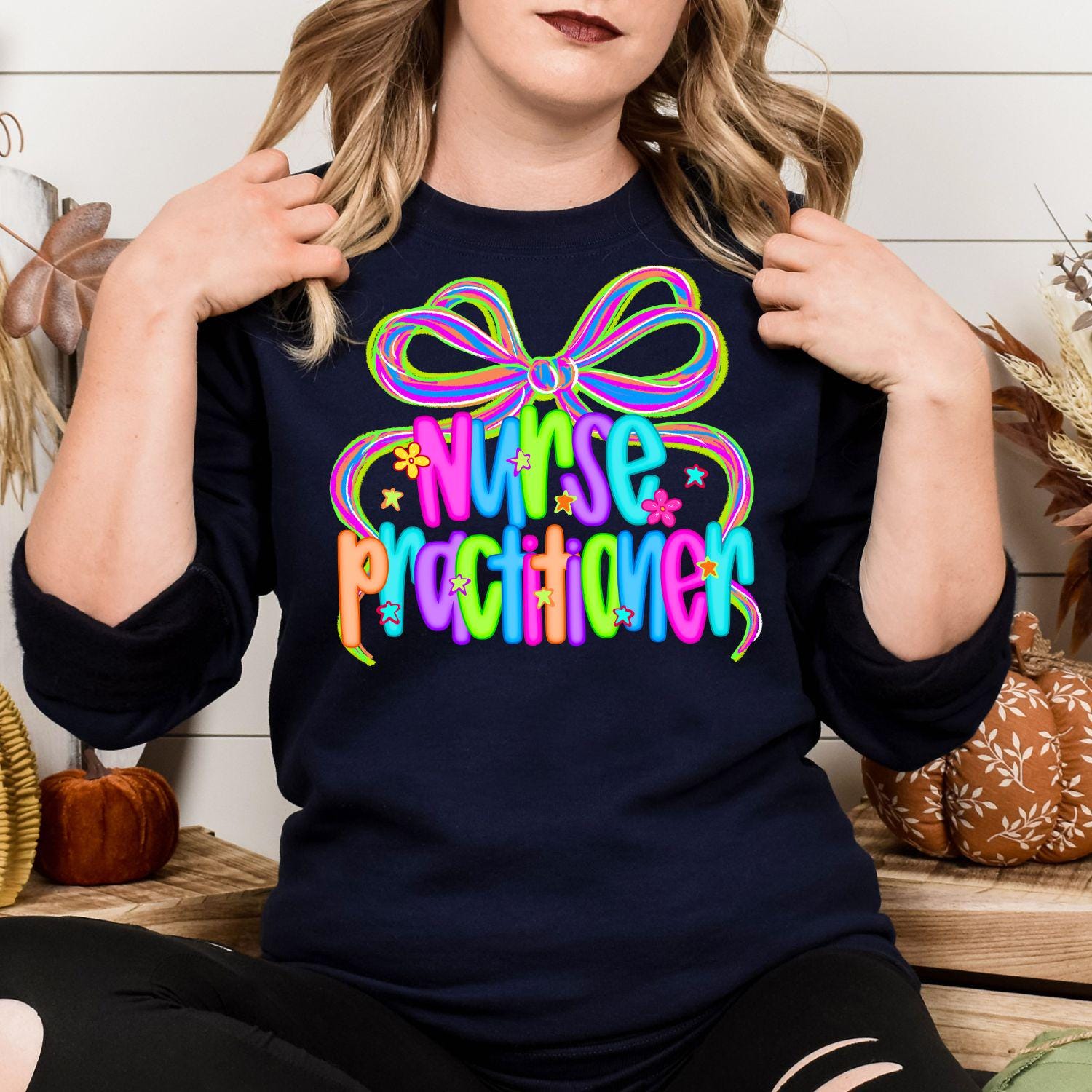 Colorful Nurse Practitioner Shirt | Neon Bow Graphic Tee | Medical Staff Appreciation Gift | Healthcare Worker DTG T-Shirt Unisex