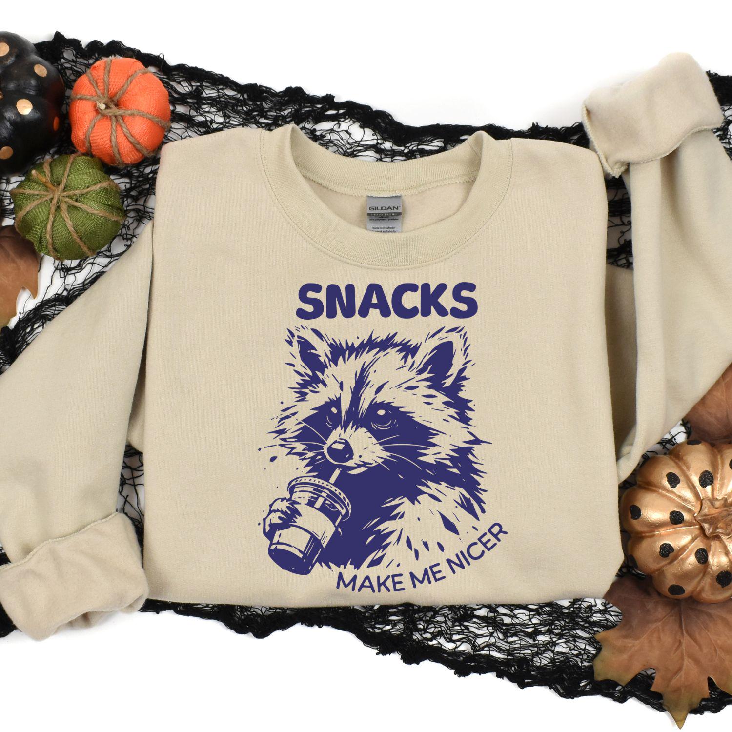 Funny Raccoon Snacks Shirt | Cute Animal Coffee Lover Sweatshirt | DTG Graphic Tee for Snack Lovers | Cozy Gift for Women & Men