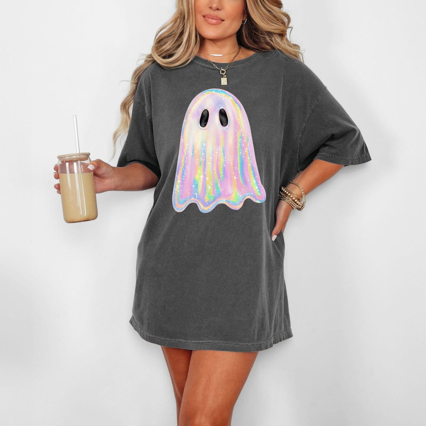Rainbow Pastel Ghost Shirt | Cute Spooky Halloween Tee | Colorful Ghost Graphic Tee | Fall Aesthetic Oversized DTG T-Shirt