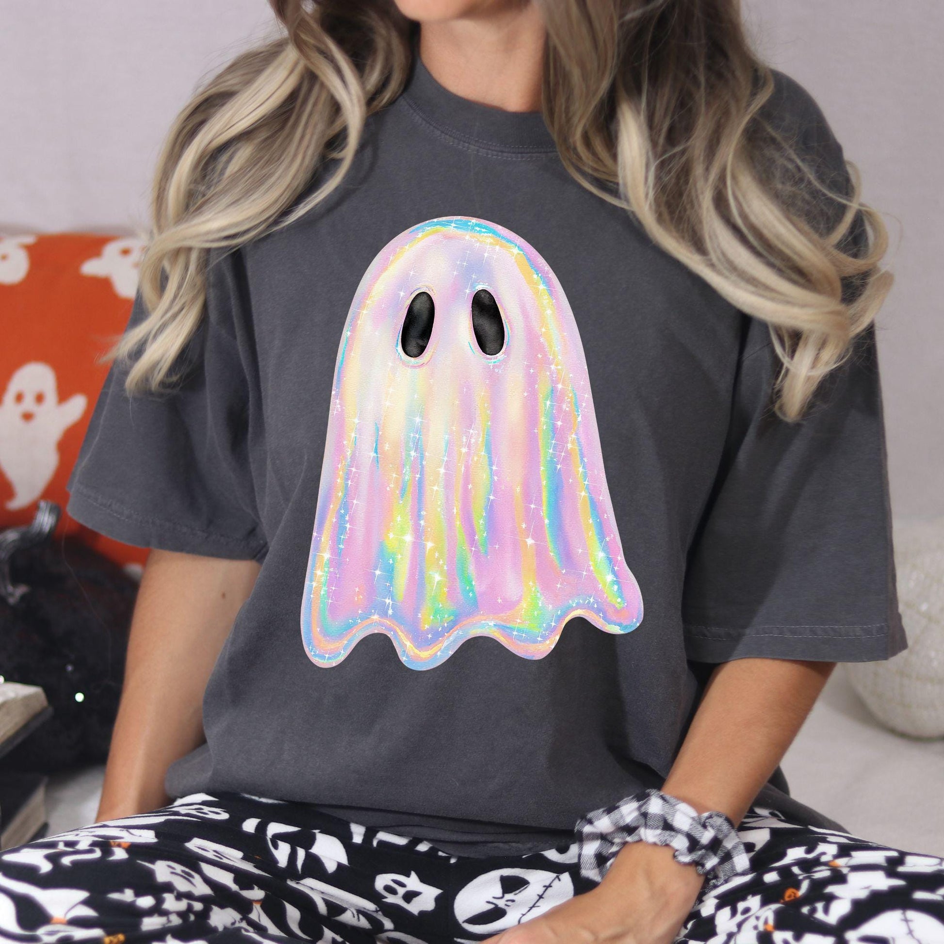 Rainbow Pastel Ghost Shirt | Cute Spooky Halloween Tee | Colorful Ghost Graphic Tee | Fall Aesthetic Oversized DTG T-Shirt