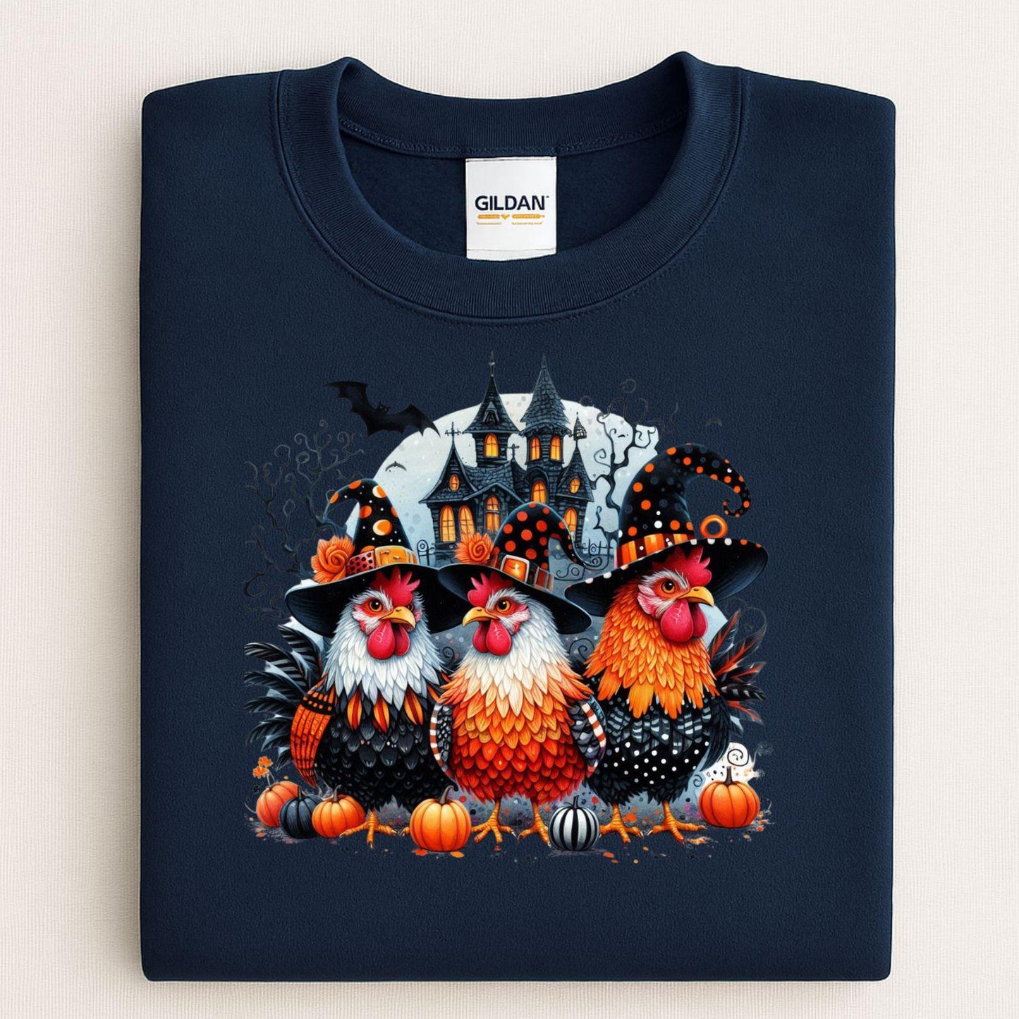 Halloween Chicken Shirt Witchy Farmhouse DTG Tee, Spooky Chicken Lover Gift, Funny Haunted Barnyard Graphic Shirt for Fall Season