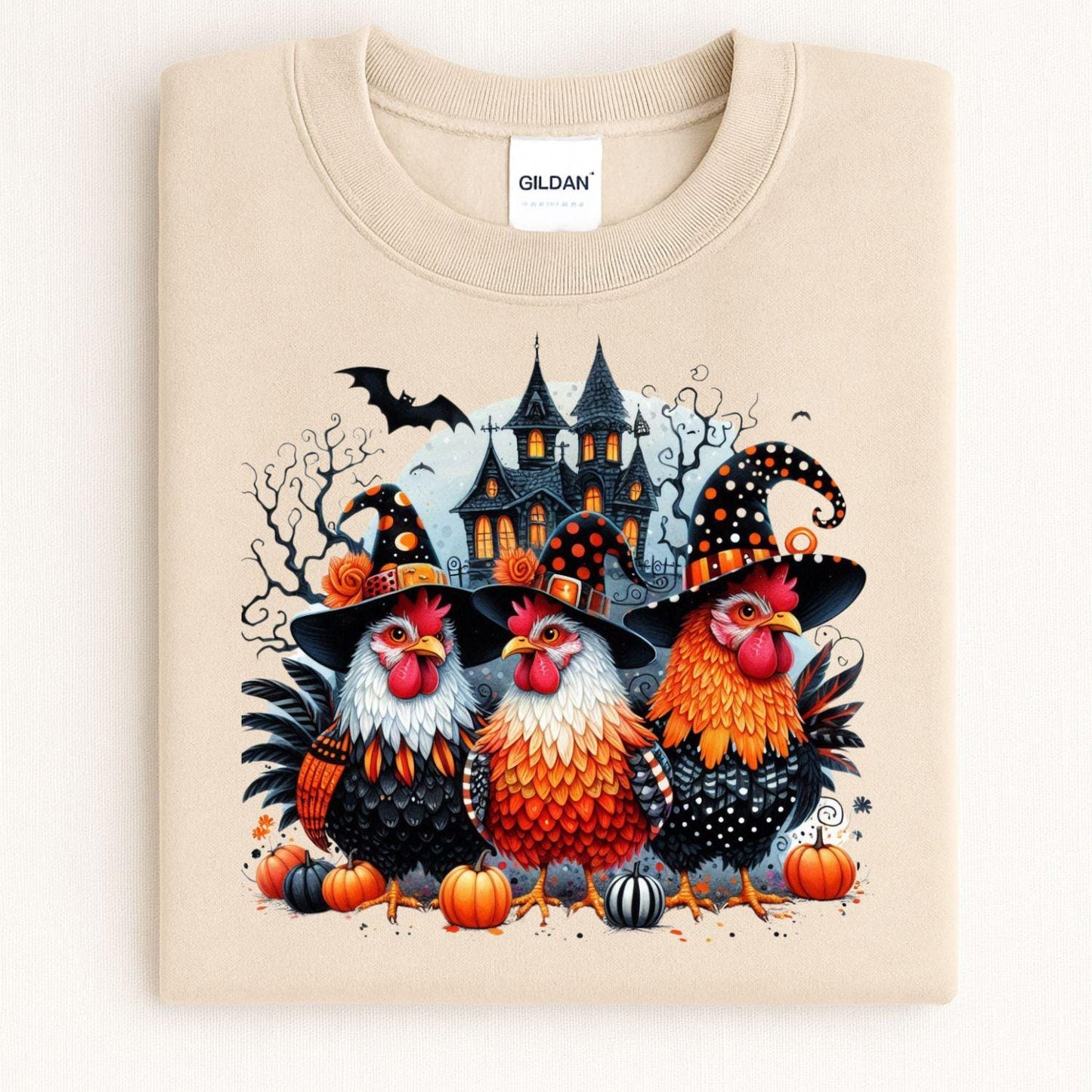 Halloween Chicken Shirt Witchy Farmhouse DTG Tee, Spooky Chicken Lover Gift, Funny Haunted Barnyard Graphic Shirt for Fall Season