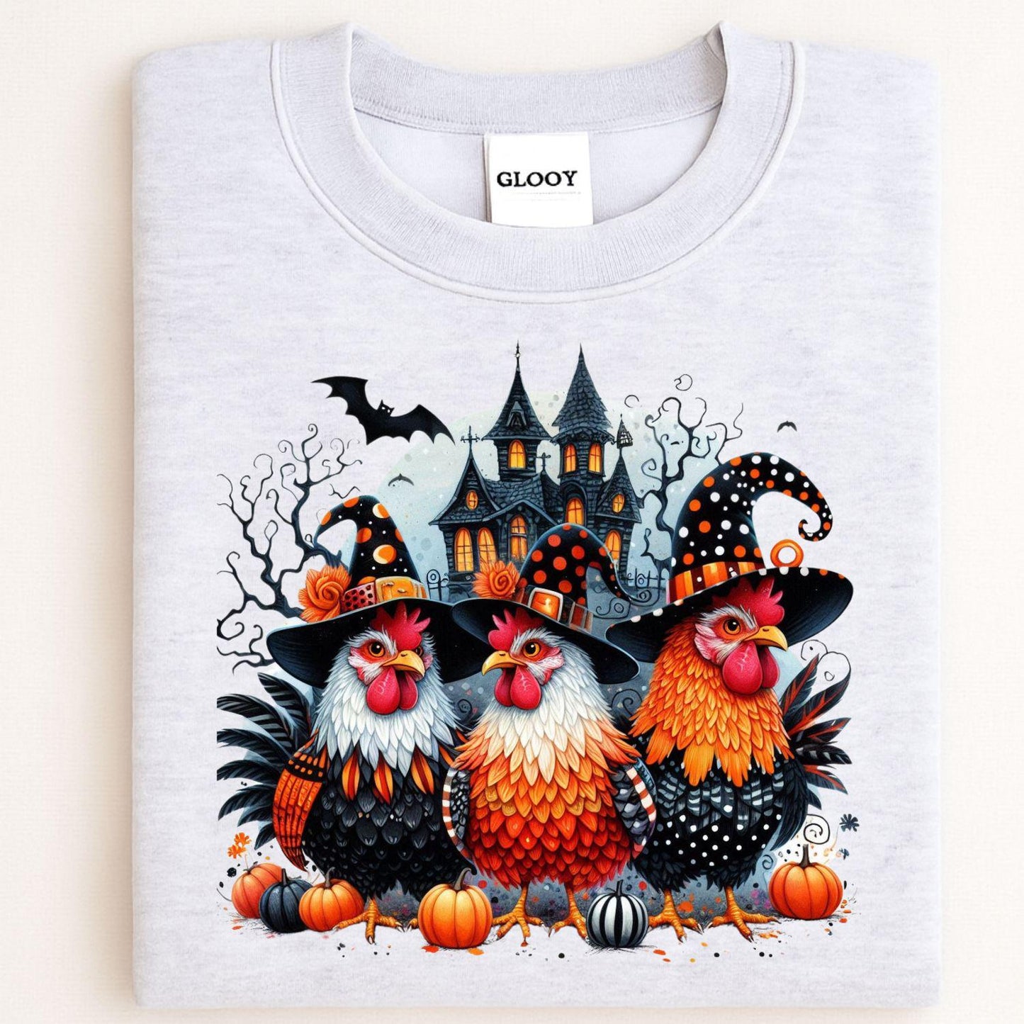 Halloween Chicken Shirt Witchy Farmhouse DTG Tee, Spooky Chicken Lover Gift, Funny Haunted Barnyard Graphic Shirt for Fall Season