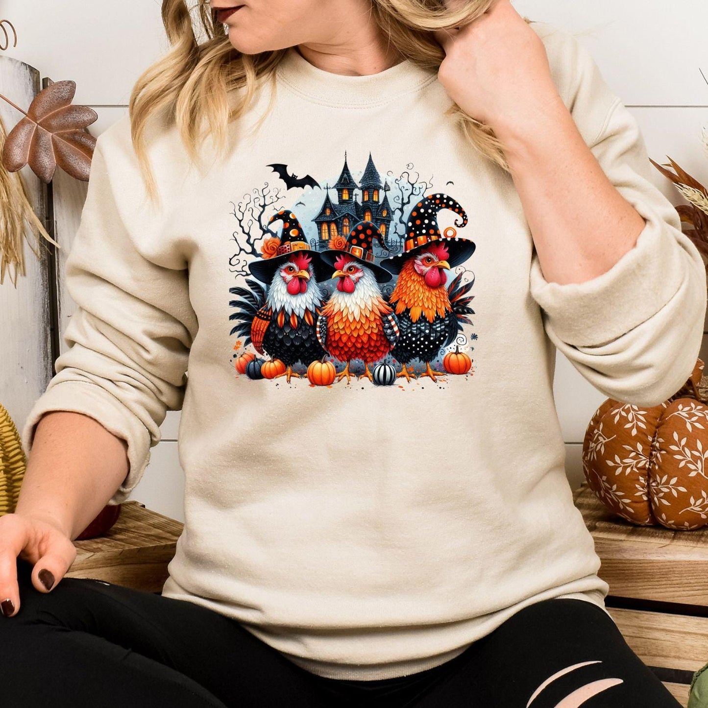 Halloween Chicken Shirt Witchy Farmhouse DTG Tee, Spooky Chicken Lover Gift, Funny Haunted Barnyard Graphic Shirt for Fall Season