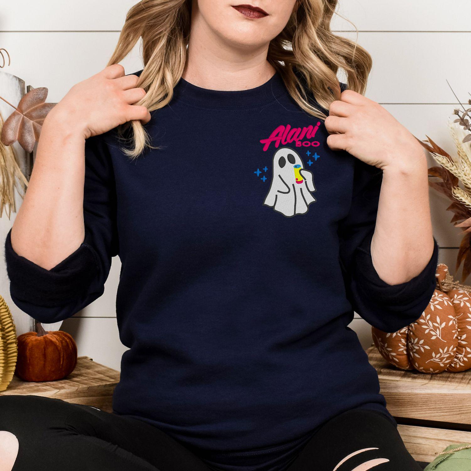 Cozy Ghost Embroidered Sweatshirt – Cute Halloween Pullover with Drink – Fall Autumn Spirit Crewneck – Spooky Season Embroidery Shirt