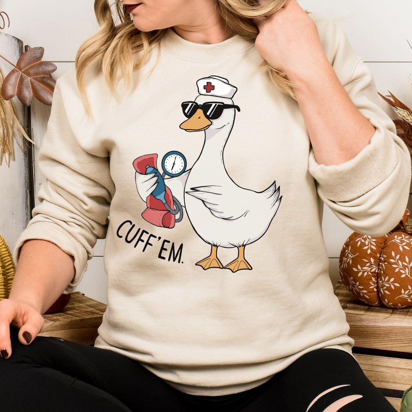 Funny Nurse Goose Sweatshirt, Cute Medical Animal Graphic, Healthcare Worker Gift, Goose in Sunglasses with Blood Pressure Cuff, Trendy MA