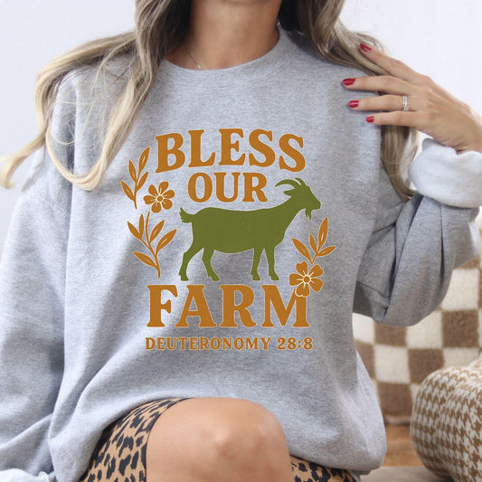 Bless Our Farm Sweatshirt | Rustic Goat and Floral Christian Pullover | Faith-Based Country Living Apparel, Goat farm shirt, Womens goat top