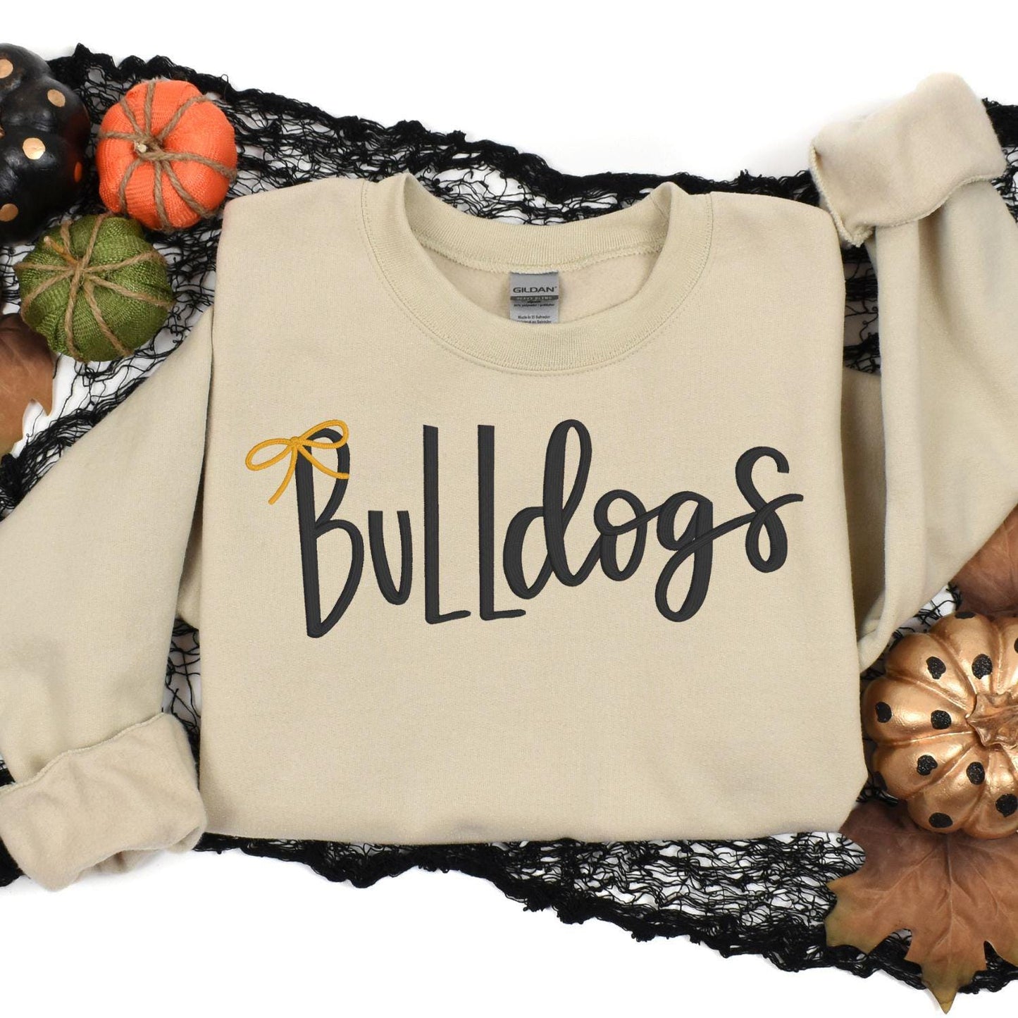 Bulldogs Embroidery Sweatshirt | Cozy Script Lettering with Bow Accent | Game Day School Spirit Crewneck | Gift for Dog Lovers