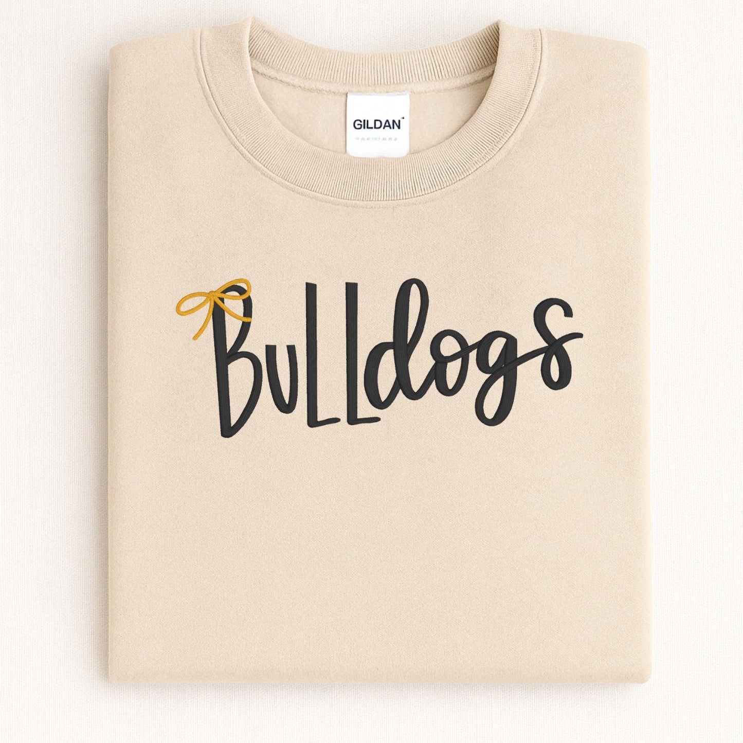 Bulldogs Embroidery Sweatshirt | Cozy Script Lettering with Bow Accent | Game Day School Spirit Crewneck | Gift for Dog Lovers