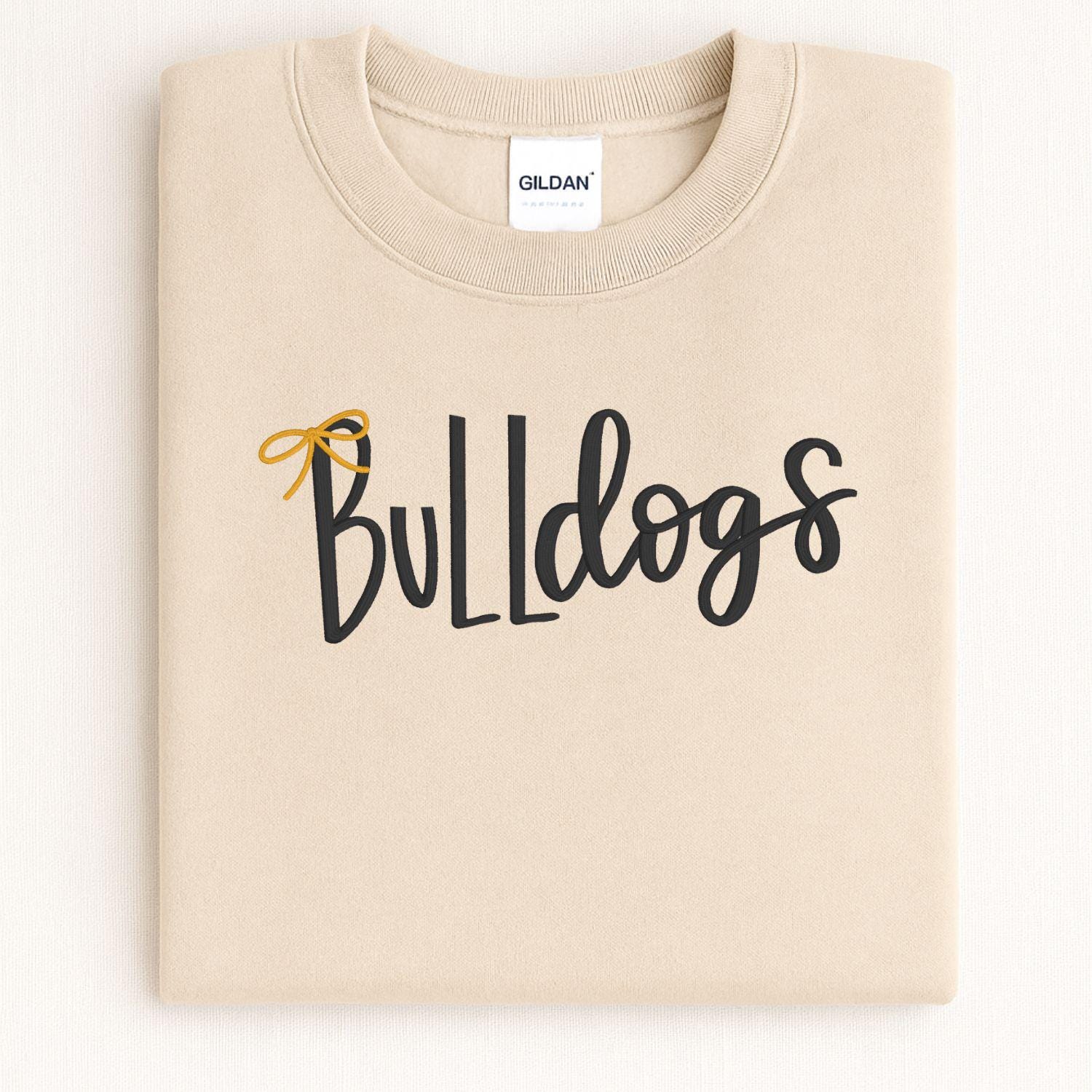 Bulldogs Embroidery Sweatshirt | Cozy Script Lettering with Bow Accent | Game Day School Spirit Crewneck | Gift for Dog Lovers