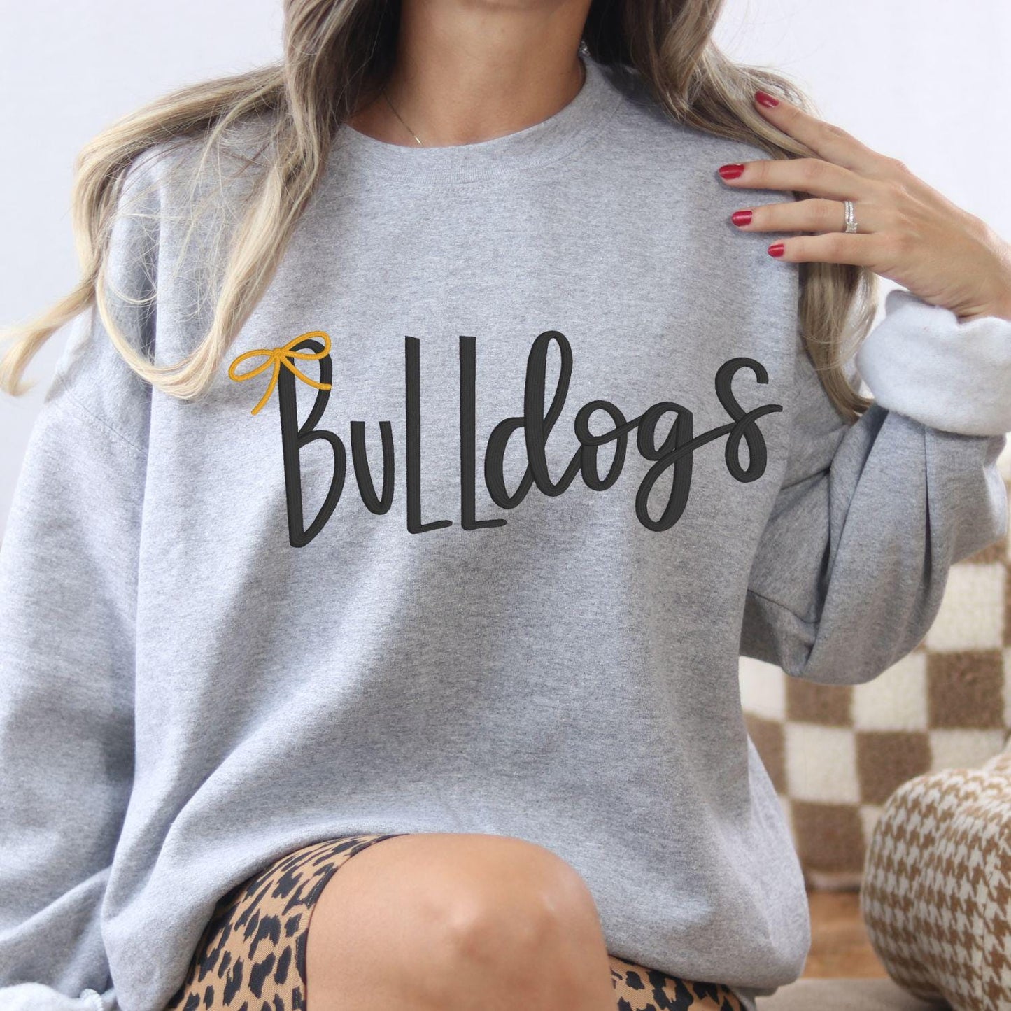 Bulldogs Embroidery Sweatshirt | Cozy Script Lettering with Bow Accent | Game Day School Spirit Crewneck | Gift for Dog Lovers