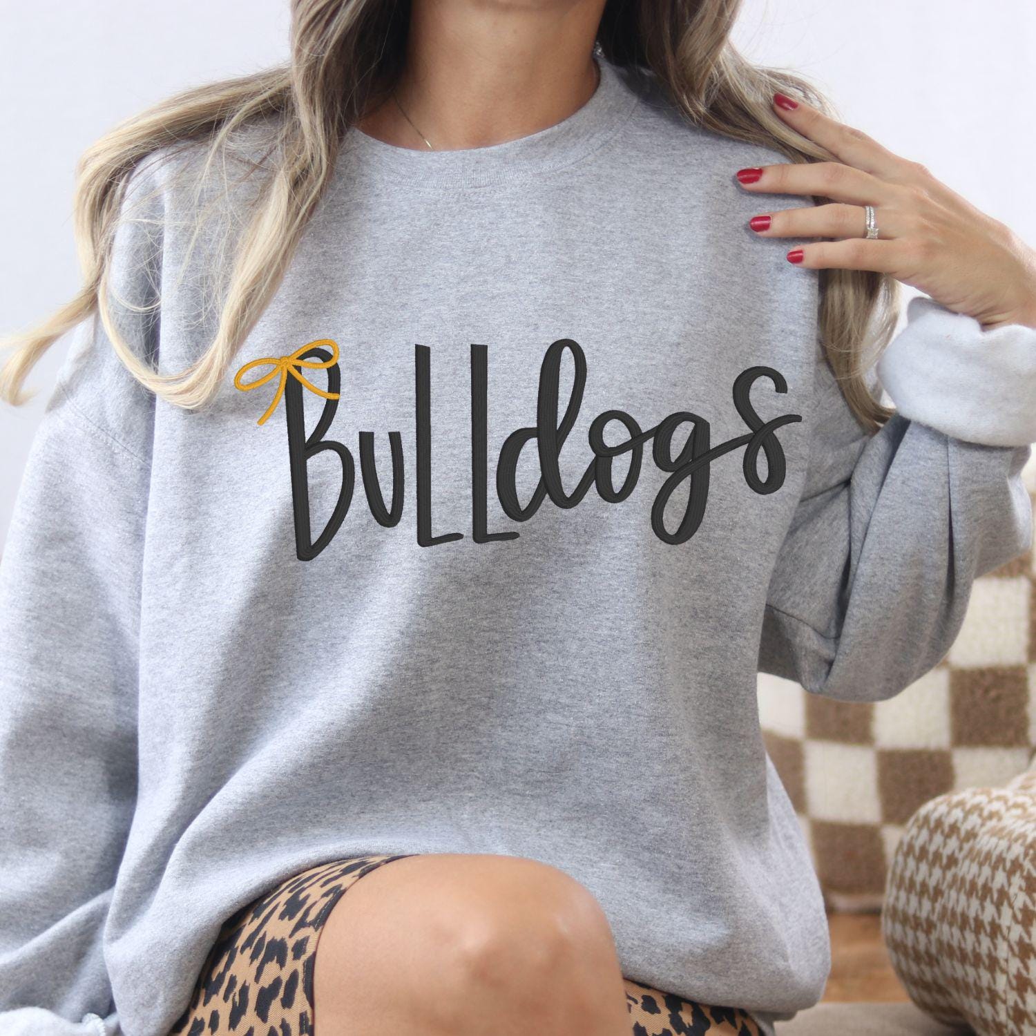 Bulldogs Embroidery Sweatshirt | Cozy Script Lettering with Bow Accent | Game Day School Spirit Crewneck | Gift for Dog Lovers