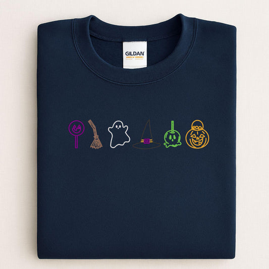 Halloween Candy Ghost Witch Hat Pumpkin Sweatshirt – Cute Fall Embroidery Shirt – Cozy Autumn Crewneck for Spooky Season