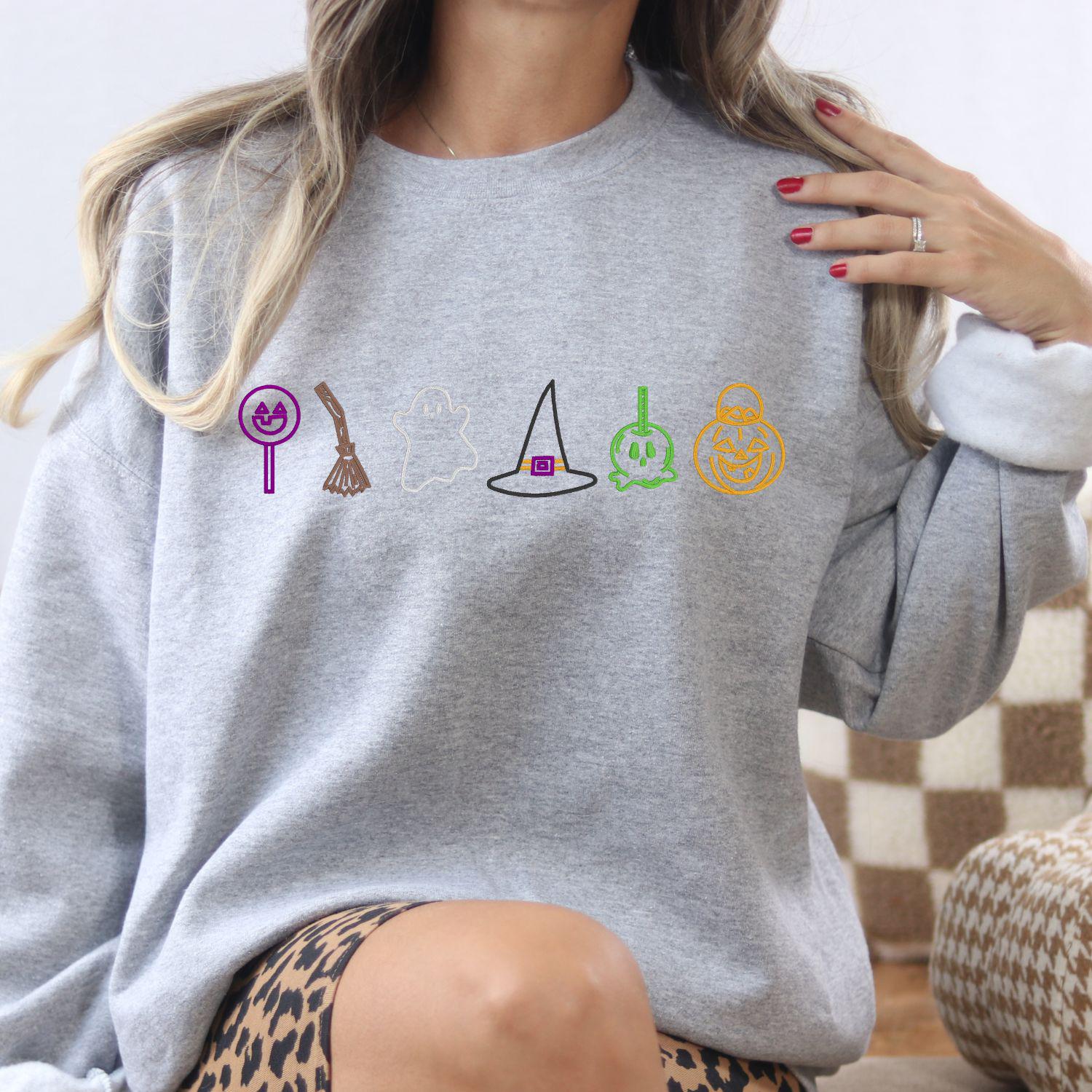 Halloween Candy Ghost Witch Hat Pumpkin Sweatshirt – Cute Fall Embroidery Shirt – Cozy Autumn Crewneck for Spooky Season