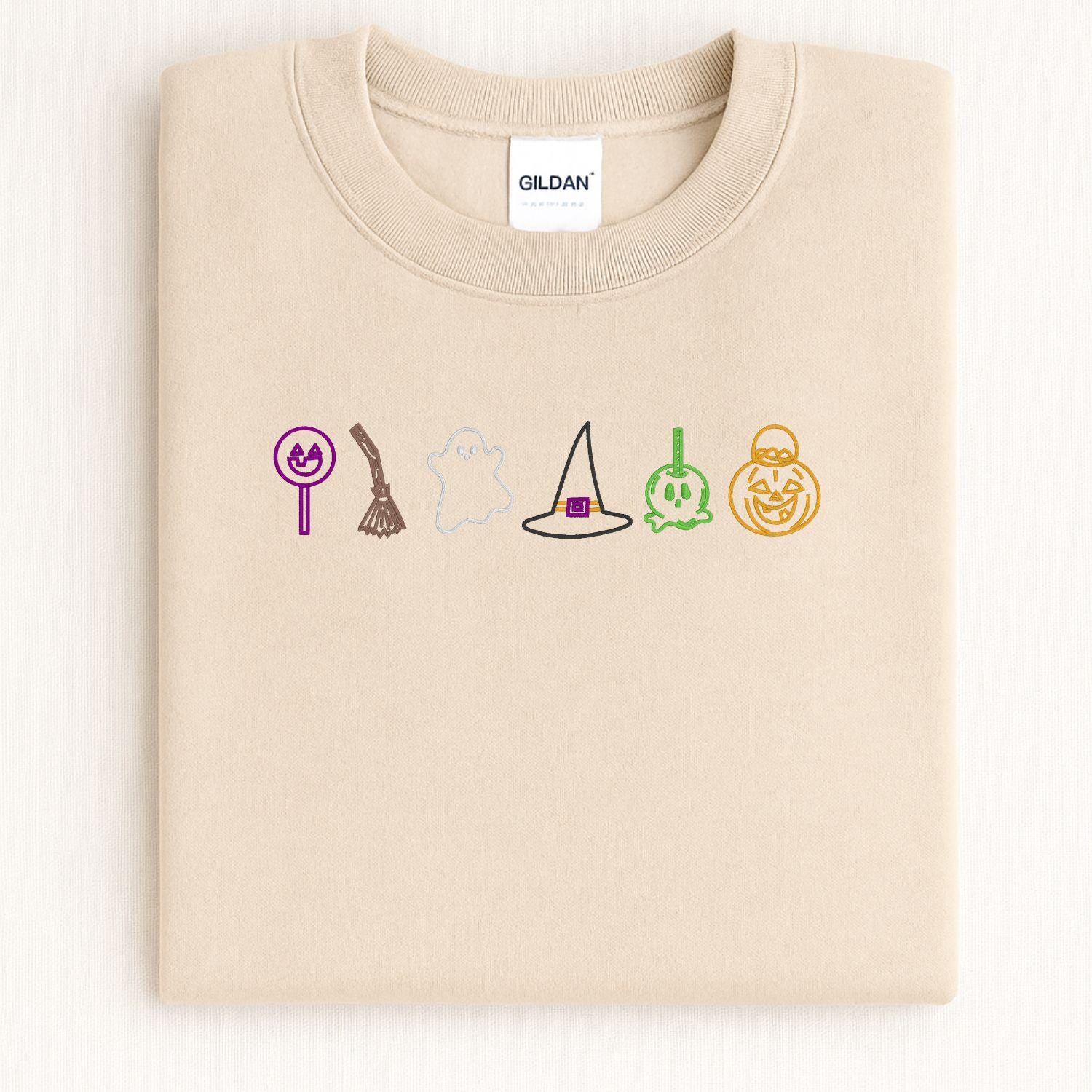 Halloween Candy Ghost Witch Hat Pumpkin Sweatshirt – Cute Fall Embroidery Shirt – Cozy Autumn Crewneck for Spooky Season