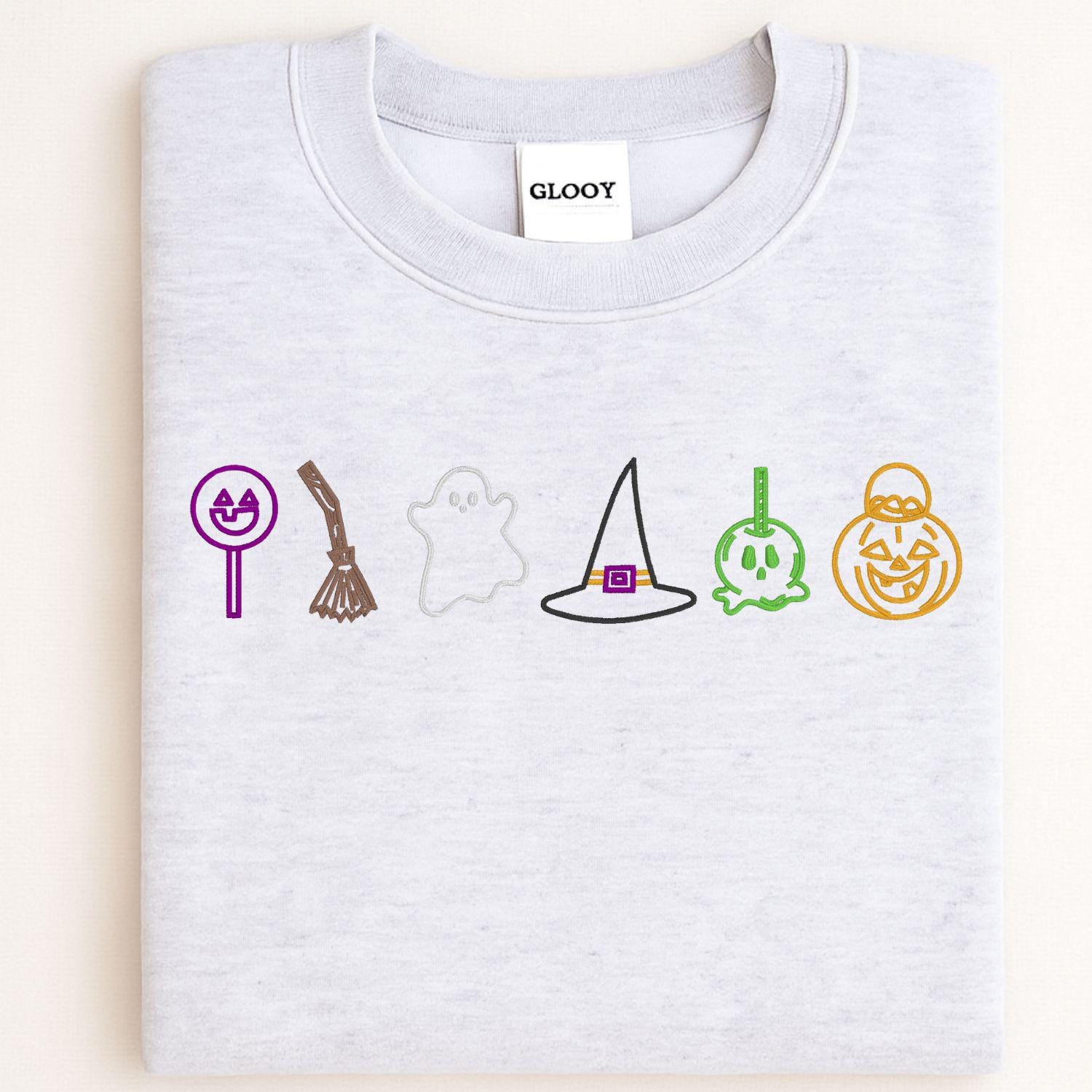 Halloween Candy Ghost Witch Hat Pumpkin Sweatshirt – Cute Fall Embroidery Shirt – Cozy Autumn Crewneck for Spooky Season