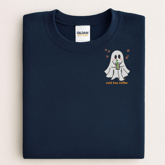 Cold Boo Coffee Ghost Embroidery Sweatshirt | Halloween Fall Coffee Lover Shirt | Spooky Cute Ghost Crewneck | Cozy Autumn Pullover