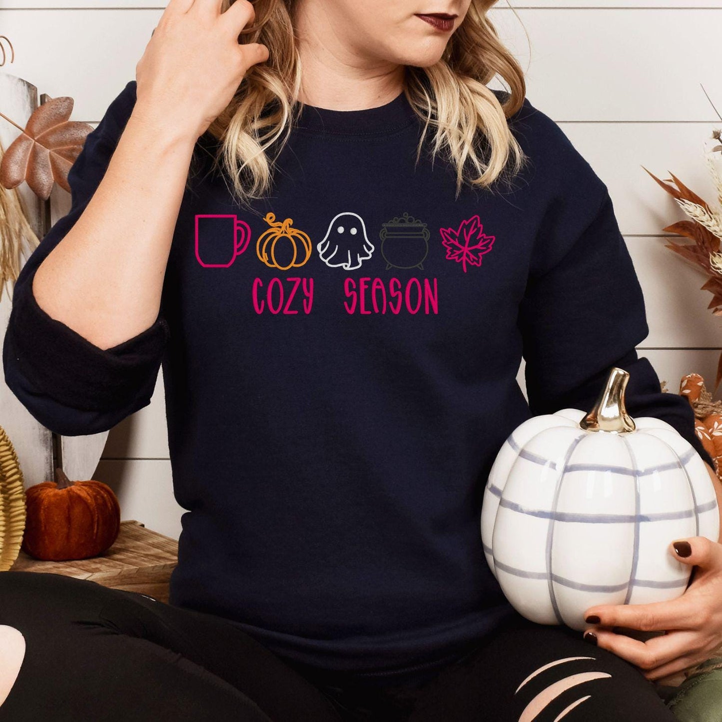 Cozy Season Embroidery Sweatshirt | Fall Pumpkin Ghost Leaf Coffee Sweater | Autumn Halloween Cozy Vibes Pullover for Women